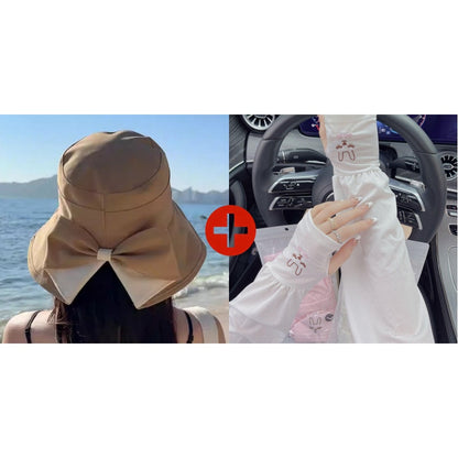 👒 💐 Women's Bowknot Wide Brim Sun Protective Hat – Oversized wide brim blocks UV rays, delicate bow decor, lightweight breathable fabric, ideal for beach, travel & outdoor walking✨