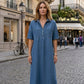 Casual Pocket Denim Midi Shirt Dress