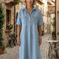 Casual Pocket Denim Midi Shirt Dress