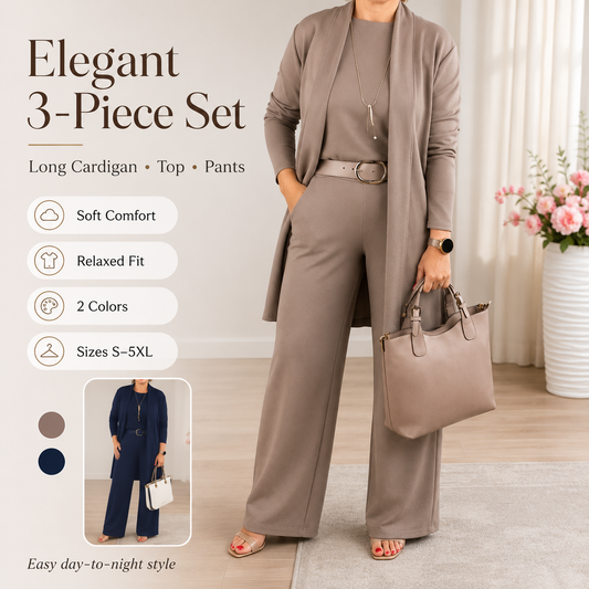 New Arrival✨3-Piece Set with Short Sleeve Top, Wide-Leg Pants & Long Cardigan – Effortless Layered Style