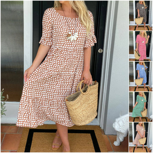 ⭐Trending Now👗 Polka Dot A-Line Midi Dress – Breezy Half Sleeves & Ruffle Hem for Everyday Chic ✨