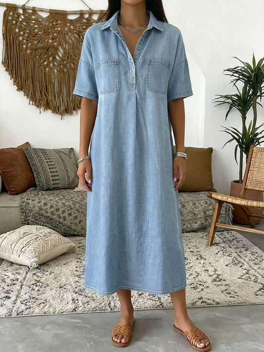 Casual Pocket Denim Midi Shirt Dress