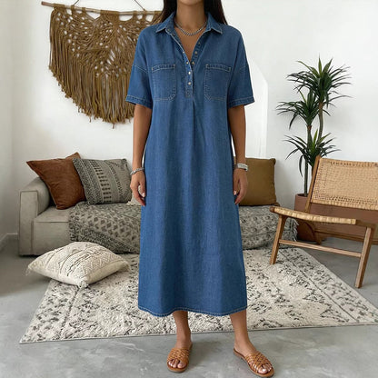 Casual Pocket Denim Midi Shirt Dress