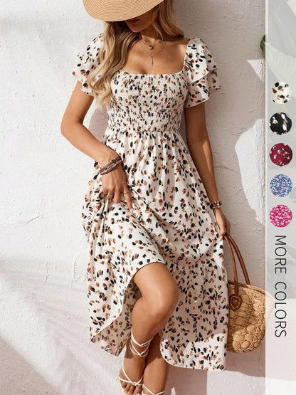 ✨Square Neck Floral Midi Dress – Smocked Bodice, Flowy Tiered Skirt, Romantic 🌸