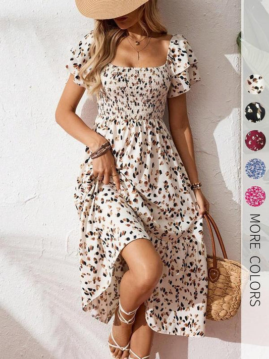 ✨Square Neck Floral Midi Dress – Smocked Bodice, Flowy Tiered Skirt, Romantic 🌸