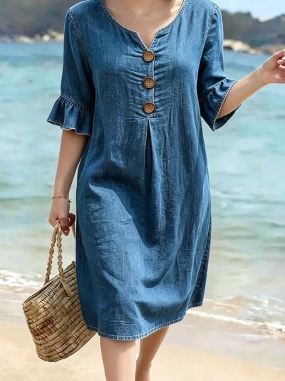 Limited-Time⌛🌿 Flowing Midi Dress with Ruffled Sleeves & Flattering V-Neck – Comfortable Style for Any Occasion