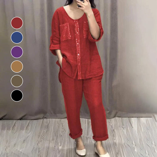 Women’s Linen Cotton Sequin 2-Piece Outfit Set