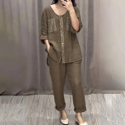 Women’s Linen Cotton Sequin 2-Piece Outfit Set