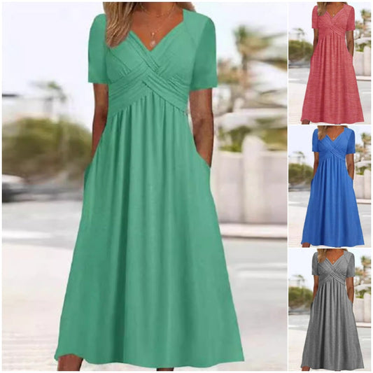 ✨ Women’s V-Neck Short Sleeve Long Dress 🌸 Elegant Flowing Fit, Comfortable Fabric & Effortless Everyday Style