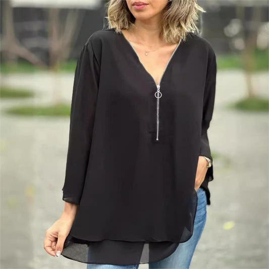 🔥 HOT SALE 60% OFF !⚡Double-Layer V-neck Zipper 3/4 Sleeves Soft Tops