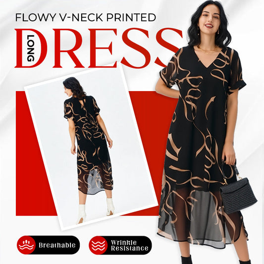 Trending Now⭐💃 Flowy V-Neck Dress in Vibrant Print – Comfortable & Figure-Flattering for Any Occasion