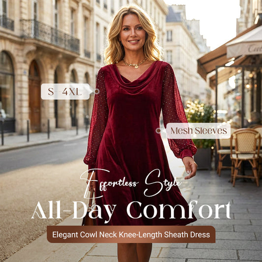 Trending Now👗✨ Cowl Neck Dress with Sparkly Mesh Sleeves – Relaxed Shift Silhouette & Glamorous Detail for Evening Events