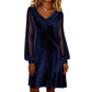 Trending Now👗✨ Cowl Neck Dress with Sparkly Mesh Sleeves – Relaxed Shift Silhouette & Glamorous Detail for Evening Events