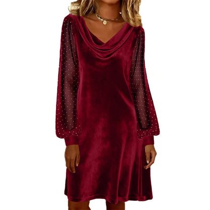 Trending Now👗✨ Cowl Neck Dress with Sparkly Mesh Sleeves – Relaxed Shift Silhouette & Glamorous Detail for Evening Events