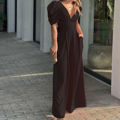 👗🌸 Women's Deep V-Neck Wide Leg Jumpsuit – High Waist, Flowy Style & Soft Fabric ✨