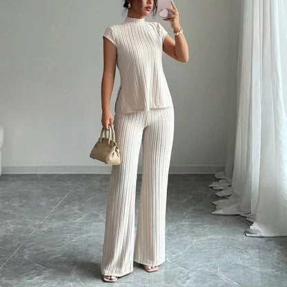 👗🌸 Elegant Mock Neck Top & Wide-Leg Pants 2-Piece Set – Ribbed Texture, Flowing Silhouette & Versatile Style ✨