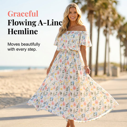 ✨ Off-Shoulder Ruffled Maxi Dress – Side Slit, Pockets, Flowy 🌸