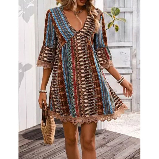 Women's V-Neck Mini Dress with Geometric Print & Lace Trim - Perfect for Vacations
