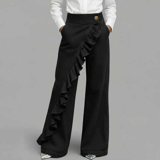 👖Women's Asymmetrical Ruffle Wide-Leg Denim Pants – Stylish, breathable & a unique statement piece 💥