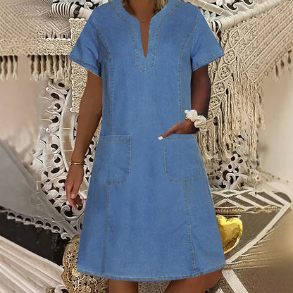 New Arrival✨👗 Relaxed Denim Dress with V-Neck – Lightweight & Versatile for Everyday Wear