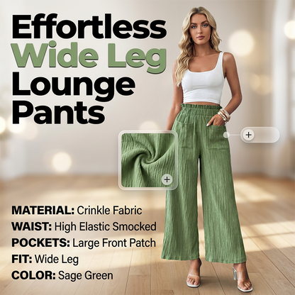 Women's Casual Solid-Color Loose-Fitting Pants – High-Waisted Wide Leg & Crinkle Texture – Comfy Lounge Trousers ✨