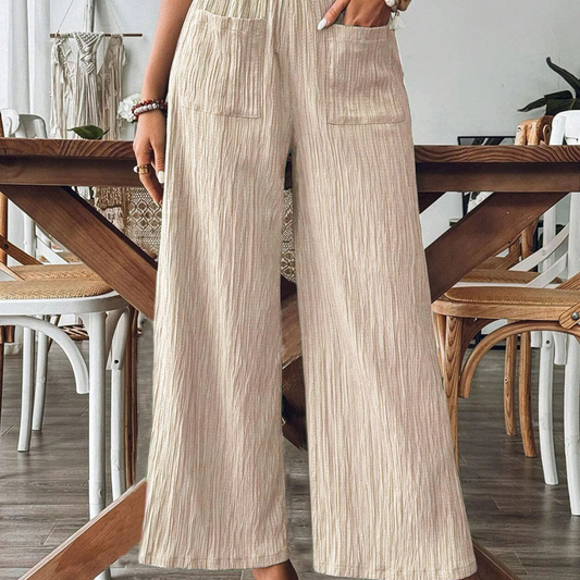 Women's Casual Solid-Color Loose-Fitting Pants – High-Waisted Wide Leg & Crinkle Texture – Comfy Lounge Trousers ✨