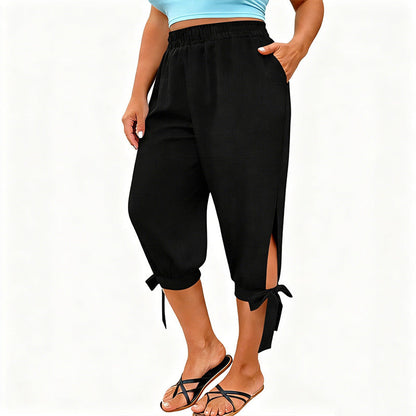 👖🌿 Relaxed capri pants with an elastic waistband, side ties, and pockets