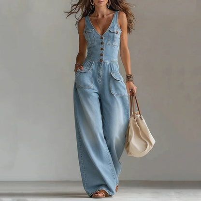 👖💥Women's Denim Jumpsuit – Sleeveless, V-Neck, Wide-Leg 💫