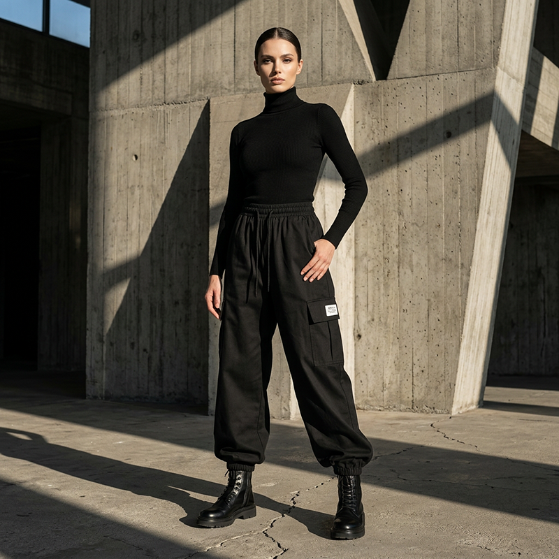 Woman in all-black outfit with turtleneck and black cargo pants