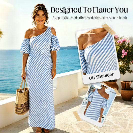 👗  Women's Striped Off Shoulder Dress – Elegant, Flowy, Summer Chic 🌊