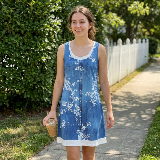 Women's Faux Two-Piece Denim Print Dress