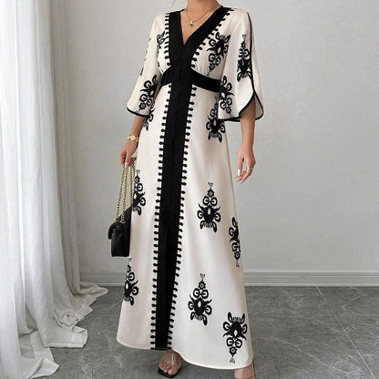 👗💥 Women's Elegant V-Neck Print Maxi Dress – Flutter Sleeves, Ethnic Print, Side Slits ✨