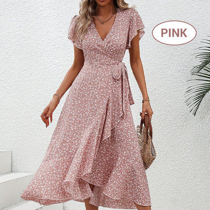 Women’s Summer Elegant V Neck Tie Waist Flowy Floral Dress