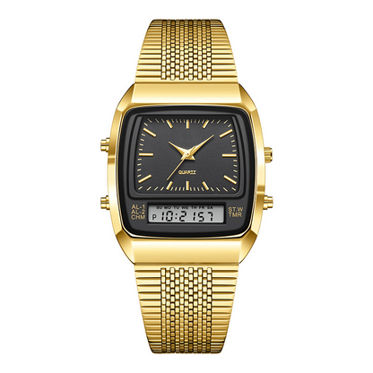 ⌚ Classic Dual Display Watch – Analog hands, digital screen, stainless steel band