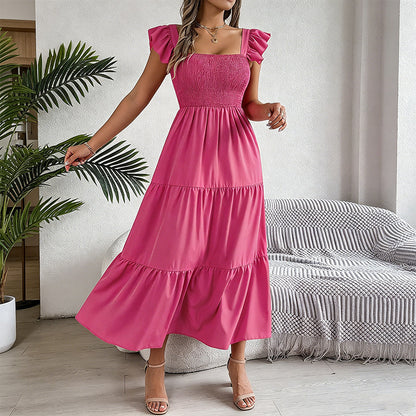 Women's Square Neck Ruffle Sleeve Smocked Dress