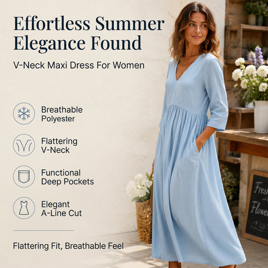 Women's V-Neck 3/4 Sleeve Maxi Dress