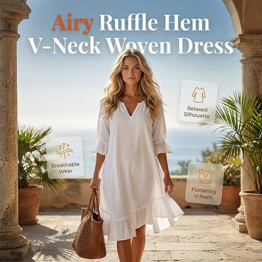 👗 Flowy V-Neck Dress with Ruffle Hem & Bell Sleeves – Breezy Style for Sunny Escapes