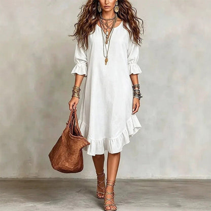 👗 Flowy V-Neck Dress with Ruffle Hem & Bell Sleeves – Breezy Style for Sunny Escapes