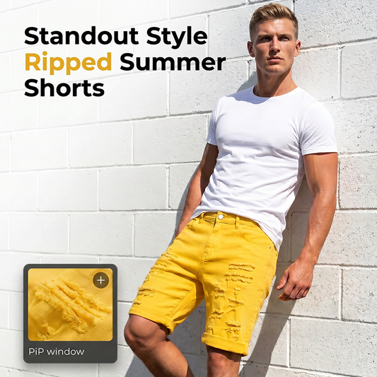 🌞🕶️Yellow Men's Summer Shorts – Breathable, Distressed, Rolled Hem, Stretchy Fit
