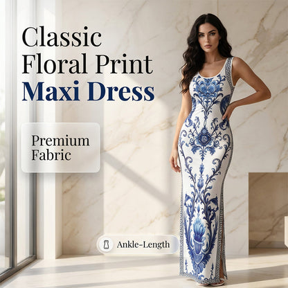 👗✨ Women's Classic Floral Print Maxi Dress – Bodycon, Side Slit, Porcelain Pattern 💙