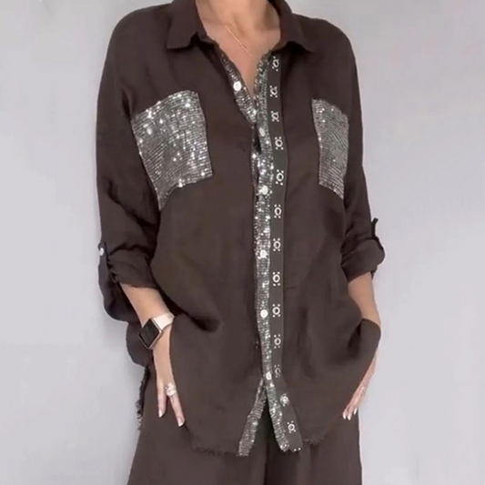 Women's Sequin Shirt & Wide-Leg Pants Set