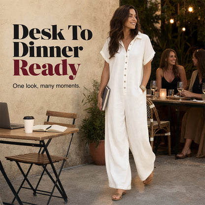 Summer Bestseller🔥Relaxed Short-Sleeve Button Jumpsuit with Wide Leg