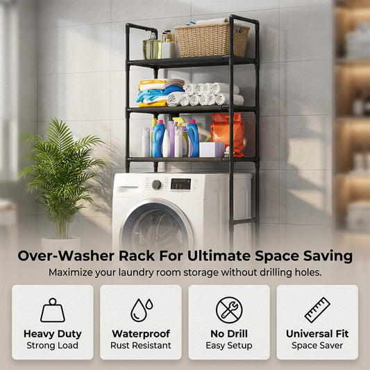 🧺No-Drill Over-Washer Storage Rack, Waterproof Rustproof Laundry & Bathroom Organizer Shelf for Space Saving