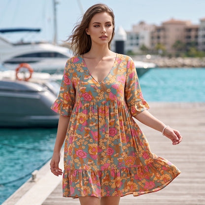 Summer Bestseller🔥👗 Bohemian Floral V-Neck Dress – Flowy Silhouette & Vibrant Blooms for Beach Days