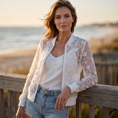 New Arrival✨🌸 Floral Lace Zip-Up Jacket – Lightweight & Sheer for Effortless Layering