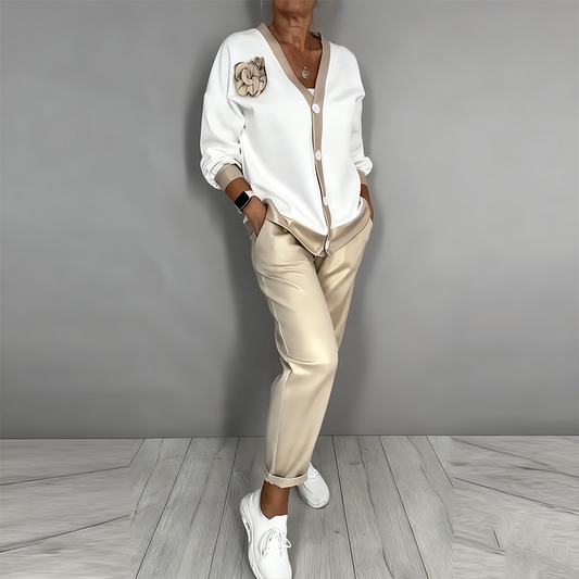 New Arrival✨🌸 Long-Sleeve V-Neck Set with Elastic Waist Pants – Comfortable Fit for All-Day Wear