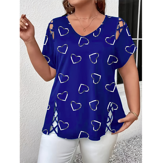 New Arrival✨🌸 Strappy Cutout V-Neck Top with All-Over Hearts – Soft & Breathable for Everyday Style