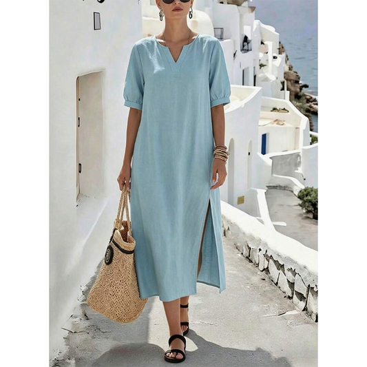 👗 Linen V-Neck Maxi Dress with Side Slits