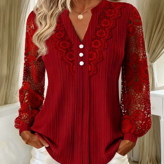 Trending Now⭐👚 Long Sleeve V-Neck Top with Delicate Lace Detail