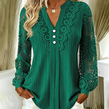 Trending Now⭐👚 Long Sleeve V-Neck Top with Delicate Lace Detail